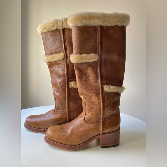 Frye Shoes - Frye Campus Vintage Brown Shearling High Leather Boots Early 2000’s